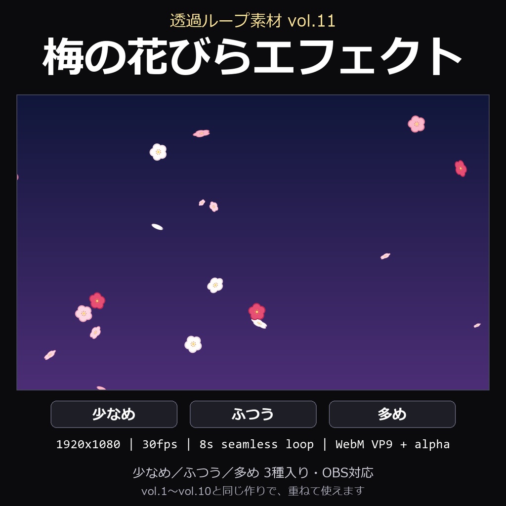 【透過ループ素材】梅の花びらエフェクト 3種(少なめ/ふつう/多め)|WebM・OBS対応・8秒ループ【配信/動画】