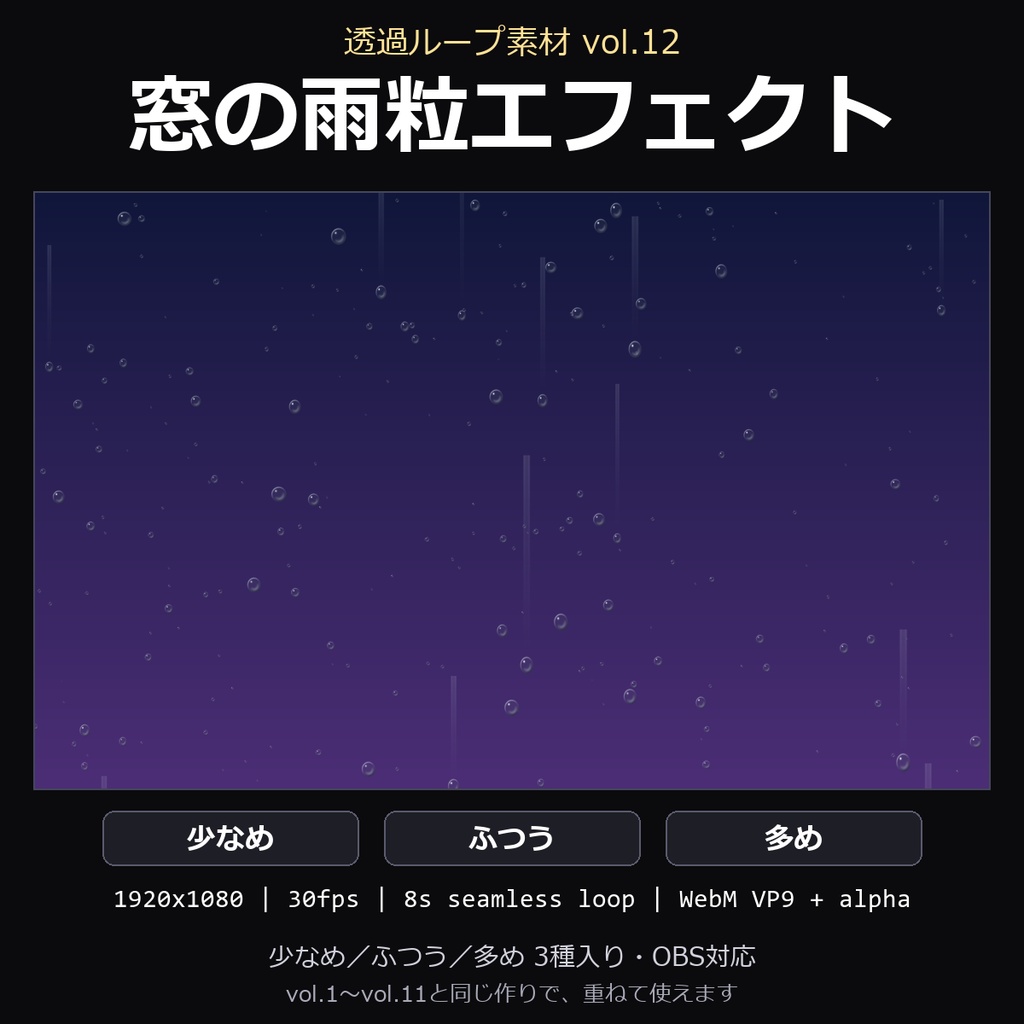 【透過ループ素材】窓の雨粒エフェクト 3種（少なめ/ふつう/多め）｜WebM・OBS対応・8秒ループ【配信/動画】