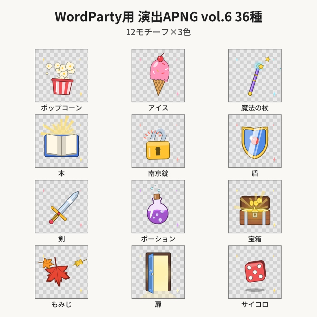【無料】WordParty用 演出APNG vol.6 3種(ポップコーン・サイコロ・宝箱)【わんコメ/配信素材】