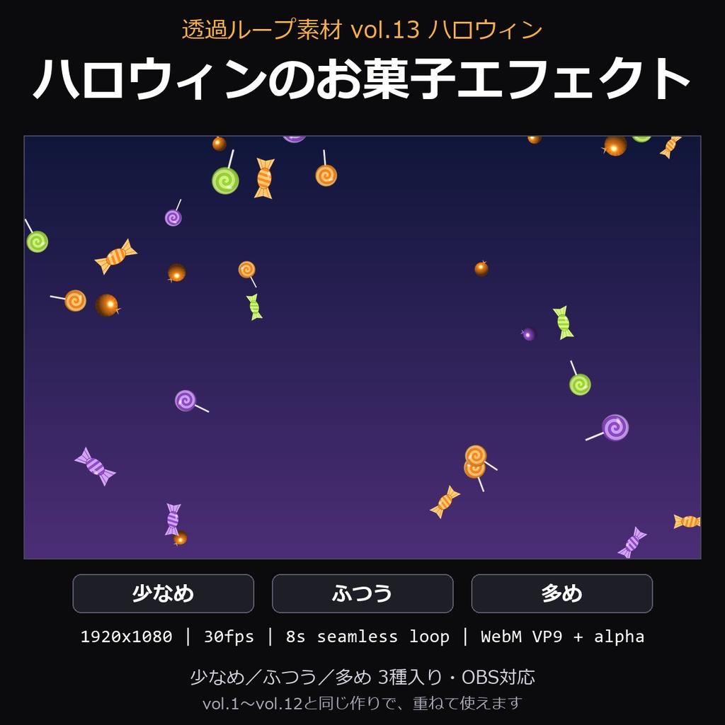 【ハロウィン 透過ループ素材】ハロウィンのお菓子エフェクト 3種(少なめ/ふつう/多め)|WebM・OBS対応・8秒ループ【ハロウィン配信/動画】