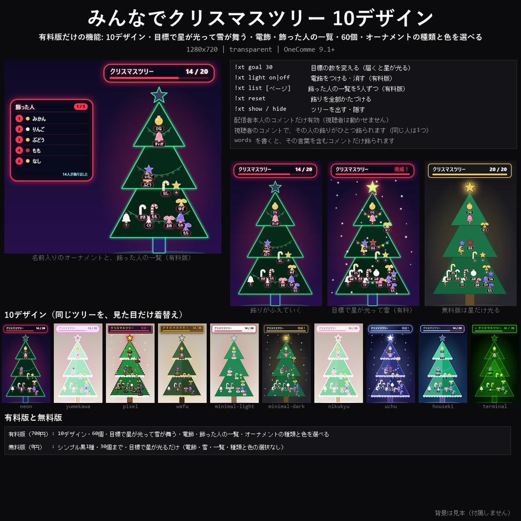 【クリスマス わんコメテンプレート】みんなでクリスマスツリー 10デザイン｜コメントで名前入りのオーナメントが飾られる・目標で星が光って雪が舞う・電飾【OBS/クリスマス配信/視聴者参加】