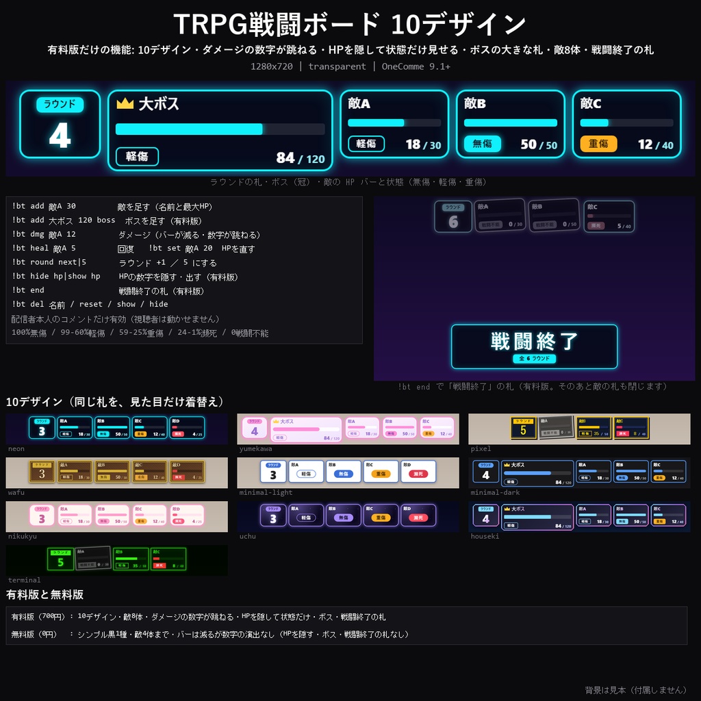 【わんコメテンプレート】TRPG戦闘ボード 10デザイン|敵のHPバーと戦闘ラウンドを表示・ダメージで数字が跳ねるほか【OBS/TRPG配信/CoC/ココフォリア配信】
