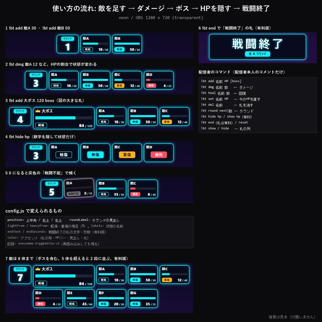 【わんコメテンプレート】TRPG戦闘ボード 10デザイン|敵のHPバーと戦闘ラウンドを表示・ダメージで数字が跳ねるほか【OBS/TRPG配信/CoC/ココフォリア配信】