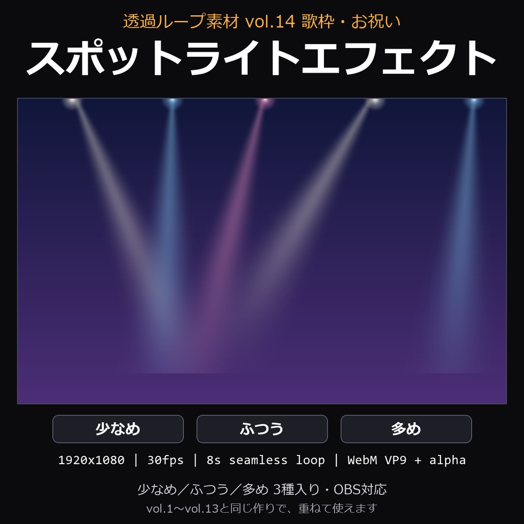 【透過ループ素材】スポットライトエフェクト 3種(少なめ/ふつう/多め)|WebM・OBS対応・8秒ループ【歌枠/配信/動画】