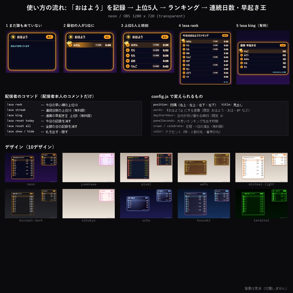 【わんコメテンプレート】朝活 早起きランキング 10デザイン|「おはよう」を時刻つきで記録・今日いちばん早く来た人から並べる・連続日数・通算の早起き王【OBS/朝活配信/VTuber】