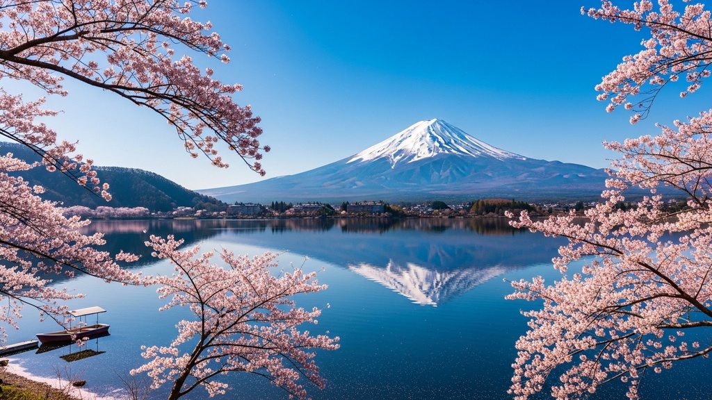 富士山の湖畔、春の一日（4K フルセット）【桜・春・富士山・写真素材】