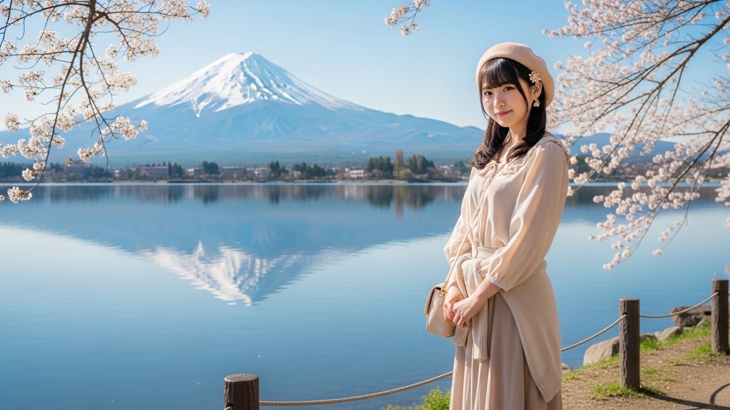 富士山の湖畔、春の一日(4K フルセット)【桜・春・富士山・写真素材】