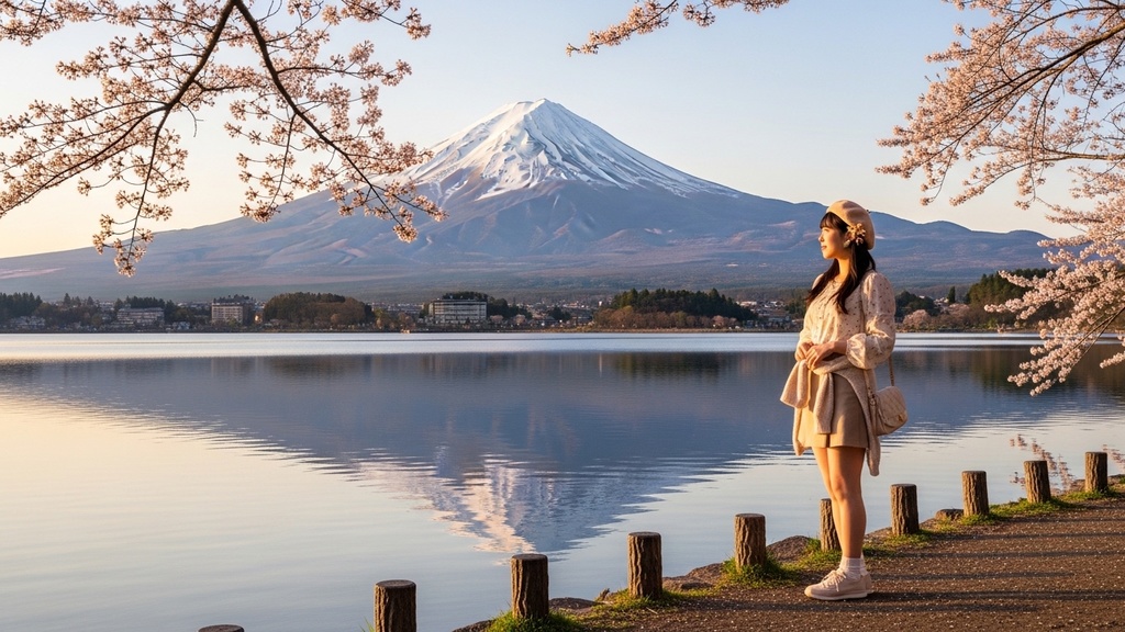 富士山の湖畔、春の一日(4K フルセット)【桜・春・富士山・写真素材】