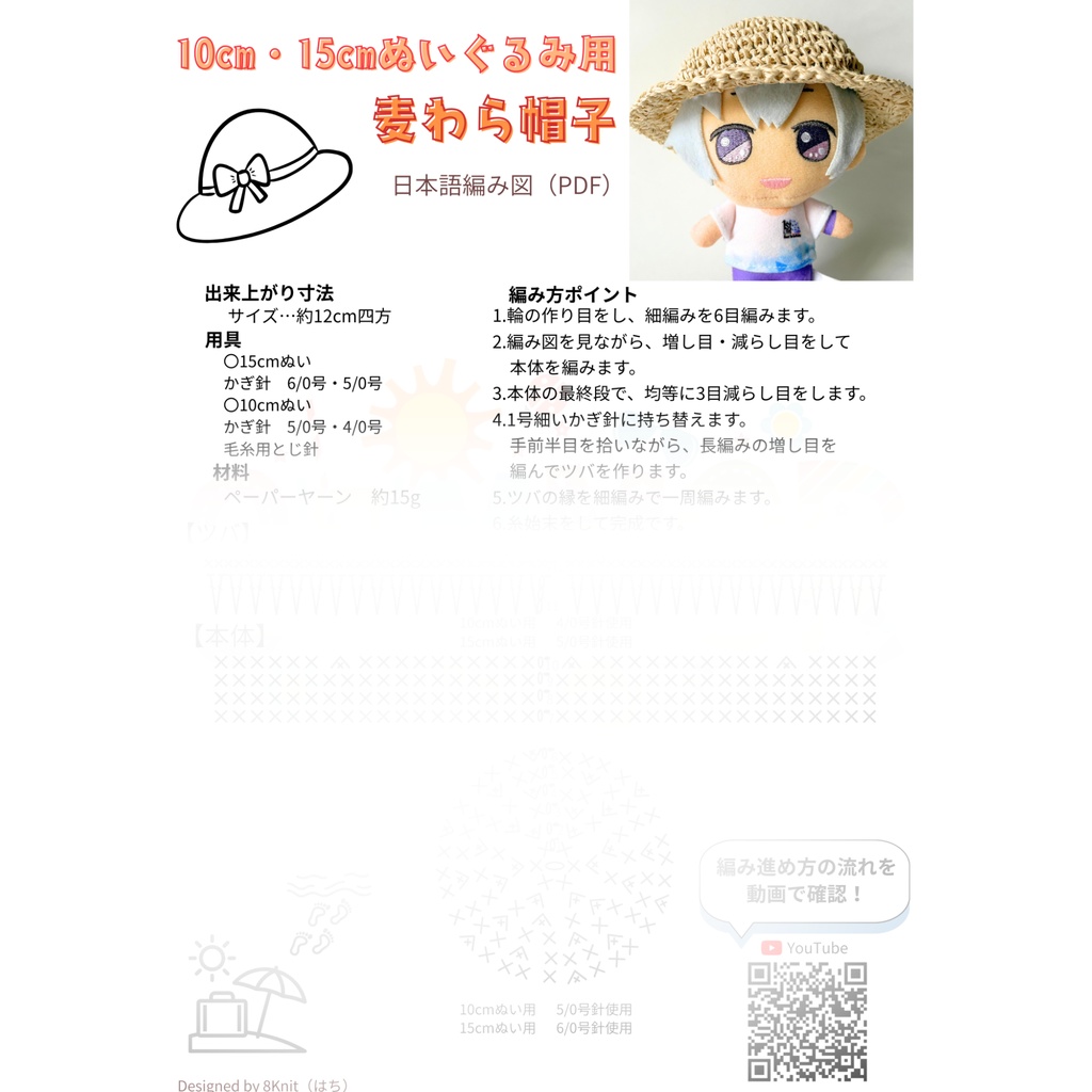 【編み図PDF】10cm/15cmぬいぐるみ用 麦わら帽子(ぬい帽子・かぎ針編み)