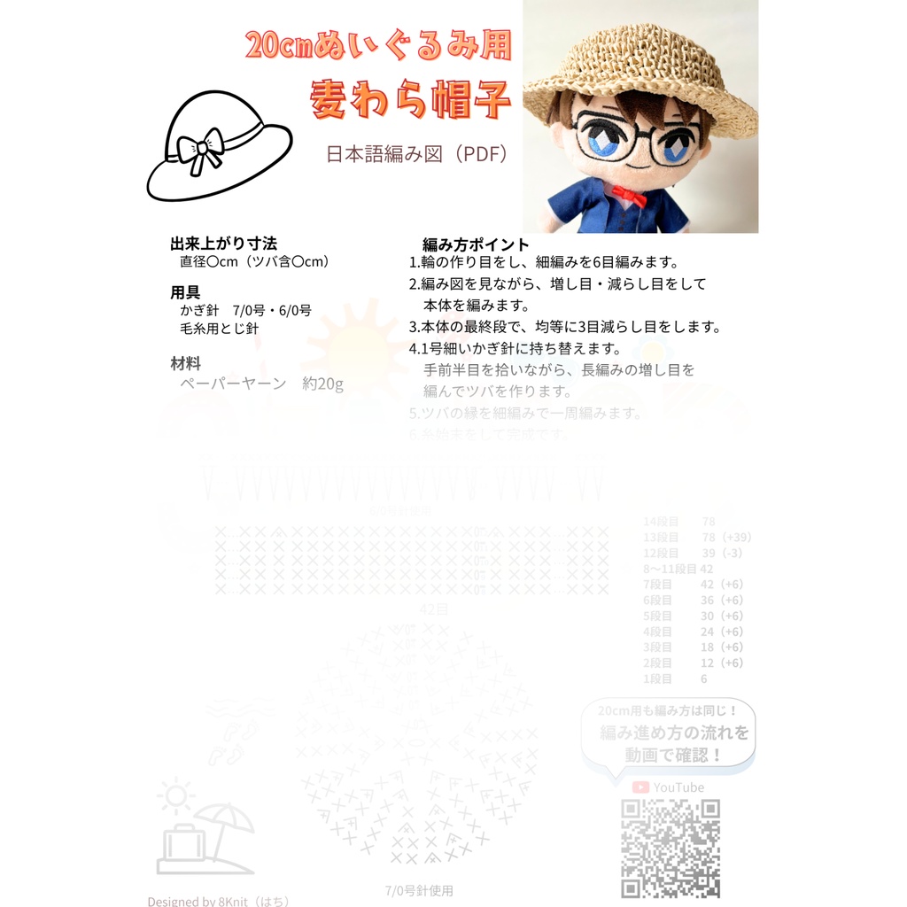【編み図PDF】20cmぬいぐるみ用 麦わら帽子(ぬい帽子・かぎ針編み)