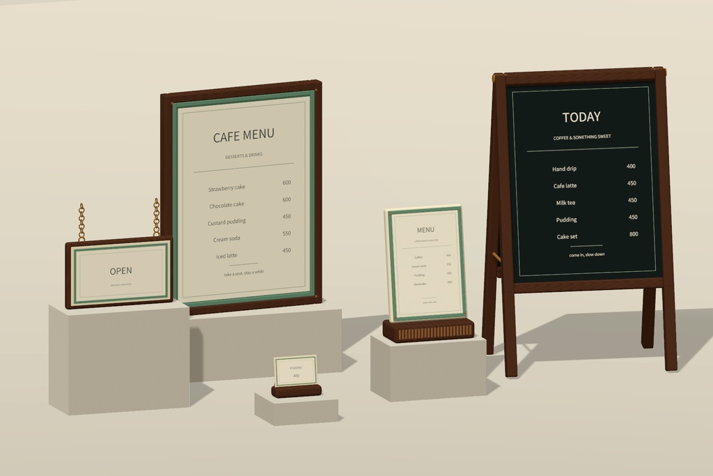 【無料 / Free】【VRChat】CAFE SIGNAGE|カフェ・ショップ看板5種|Editable Menu & Sign Props