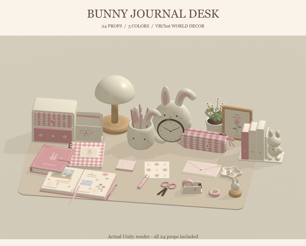 【VRChat】BUNNY JOURNAL DESK｜うさぎの文房具・デスク小物24点・3色 / Stationery & Decor