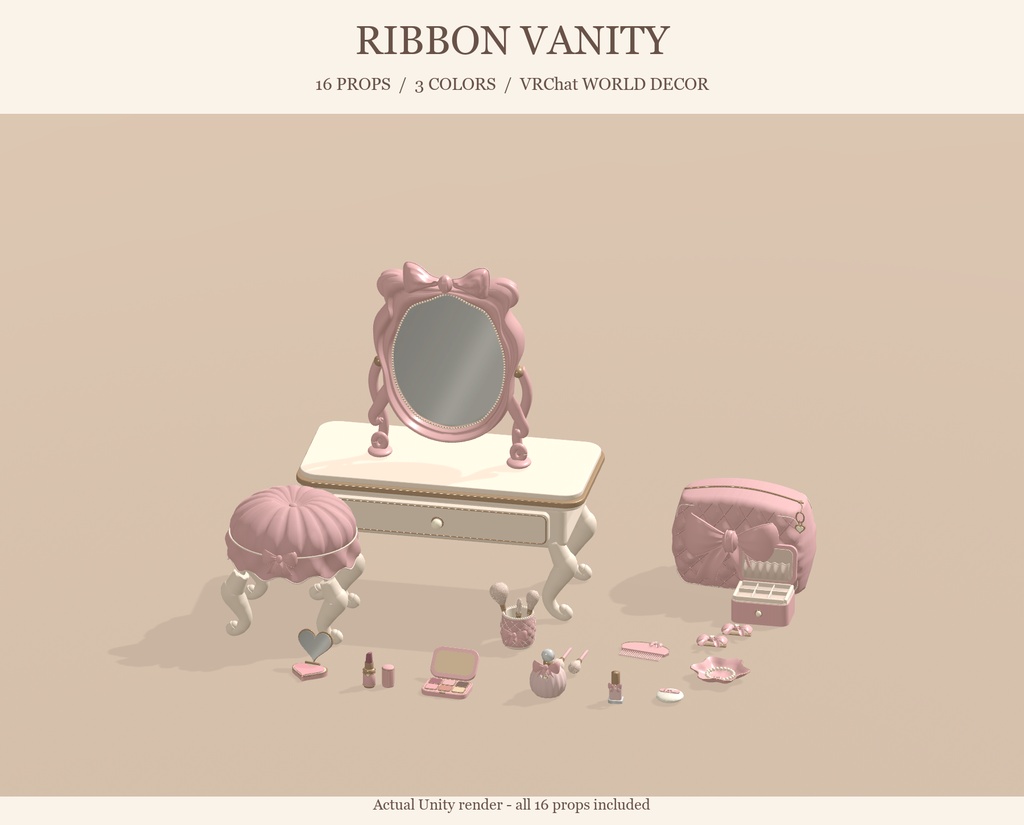【VRChat】RIBBON VANITY｜リボンのミニドレッサー・コスメ小物16点・3色 / Vanity & Cosmetics