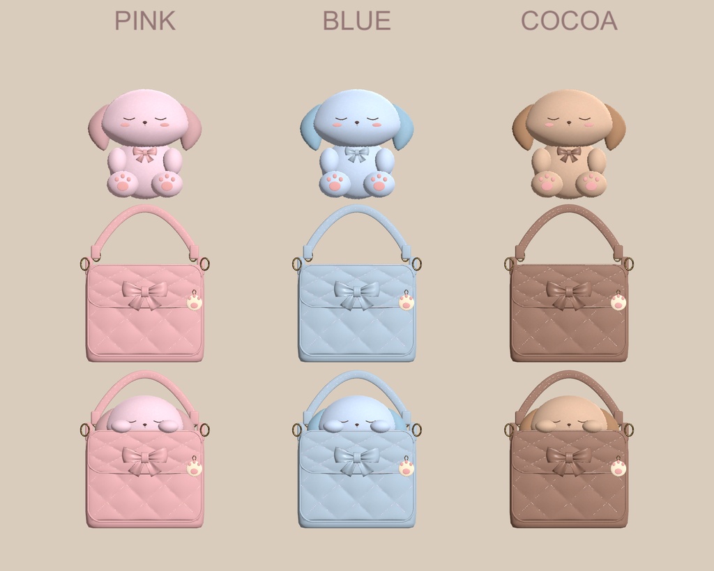 【無料 / Free】【VRChat】SLEEPY PUP & MINI BAG｜眠るわんこ・リボンバッグ小物3種・3色 / Plush & World Decor