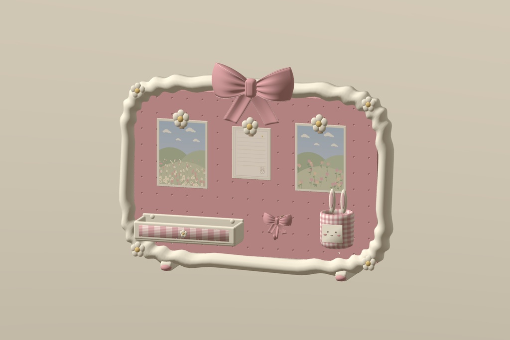 【無料 / Free】【VRChat】SWEET MEMO WALL|リボン・うさぎのメモ&フォトボード8種・3色 / Photo Board & Desk Decor