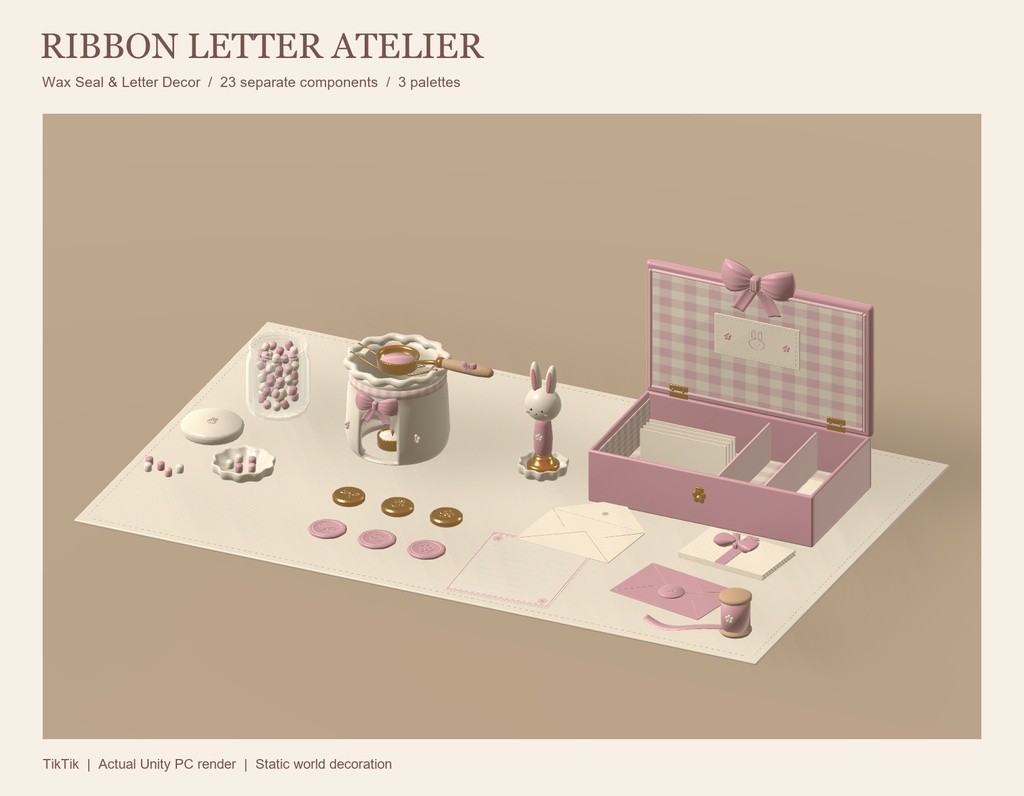 【VRChat】RIBBON LETTER ATELIER｜リボンのシーリングワックス・手紙工房23パーツ・3色 / Wax Seal & Letter Decor