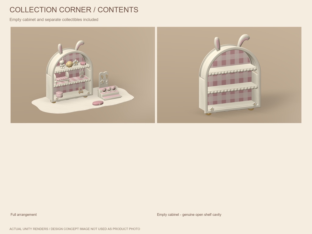 【VRChat】BUNNY COLLECTION CORNER|うさぎの飾り棚・コレクション小物20組・3色 / Bunny Display & Decor