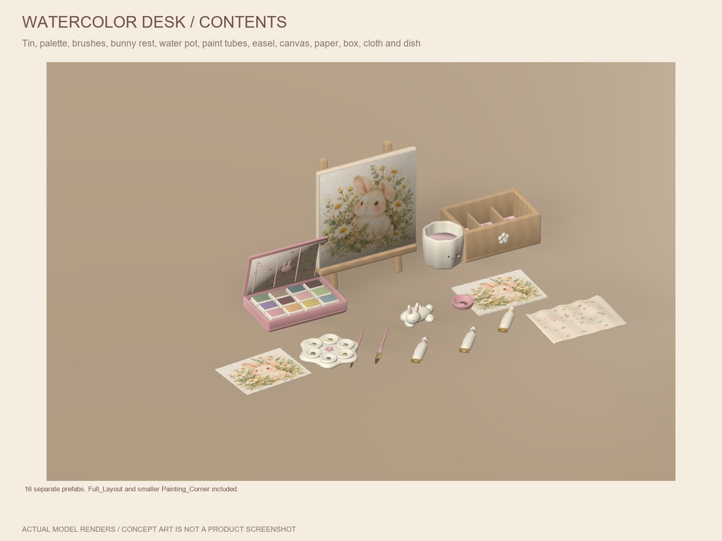 【VRChat】BUNNY WATERCOLOR ATELIER|うさぎの水彩画材・アトリエ小物16種・3色 / Watercolor & Art Studio Decor