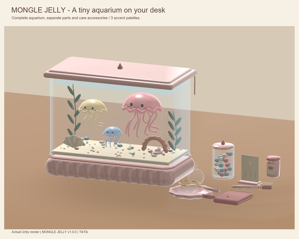 【VRChat】MONGLE JELLY|もちもちクラゲの卓上水槽・お手入れ小物・3色 / Jellyfish Aquarium & Decor