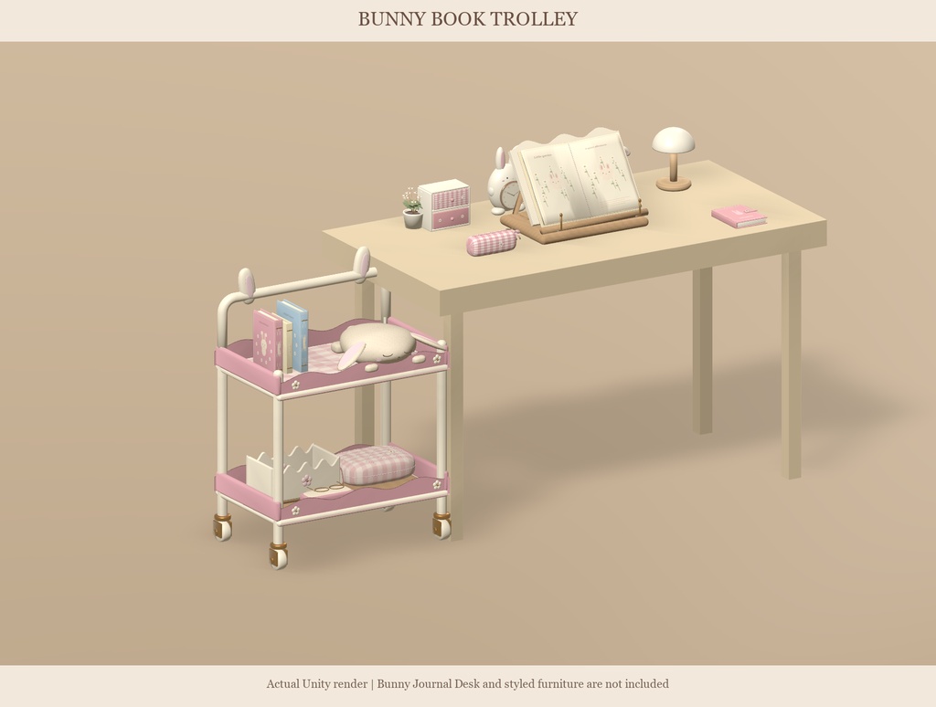【VRChat】BUNNY BOOK TROLLEY|うさぎのブックワゴン・読書小物12点・3色 / Reading Corner