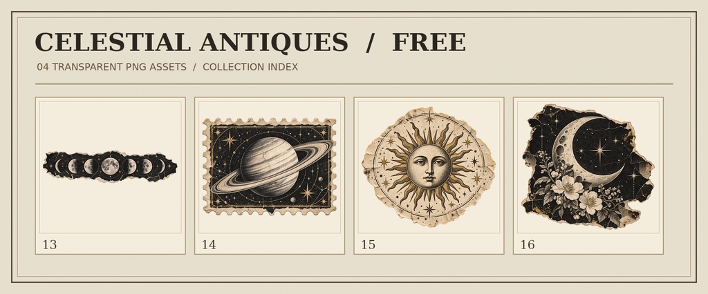 【無料あり・透過PNG・16点】天体モチーフのアンティーク素材|月・星図・天文器具
