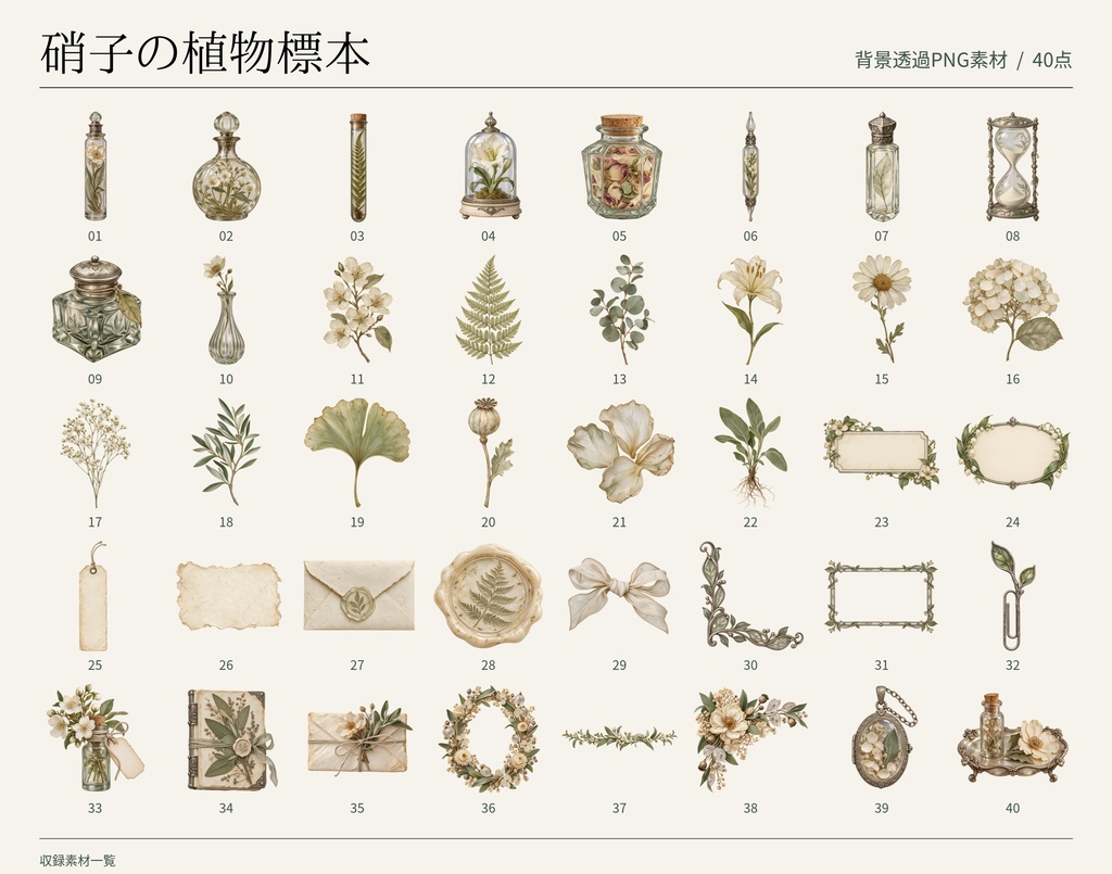 【無料版/有料版】硝子の植物標本|透過PNG素材40点