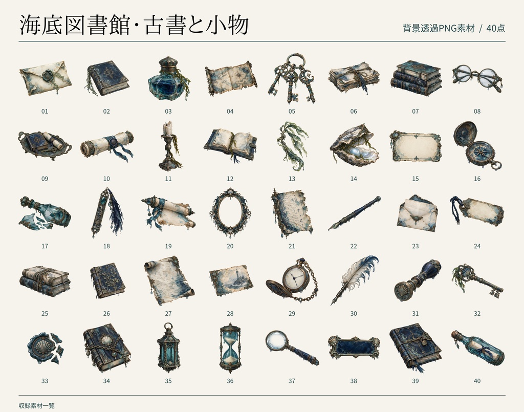【無料版/有料版】海底図書館・古書と小物|透過PNG素材40点