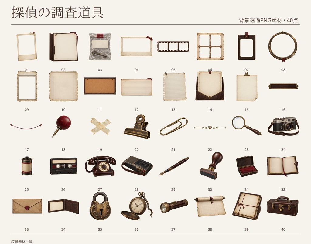 【無料版/有料版】探偵の調査道具|透過PNG素材40点