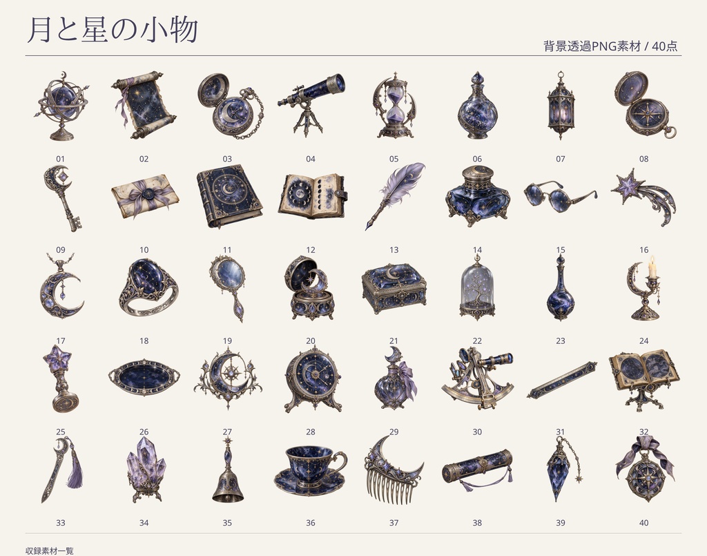 【無料版/有料版】月と星の小物|透過PNG素材40点