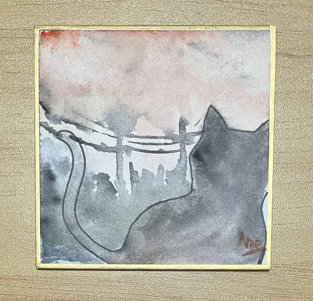 ミニ色紙「夕焼けと猫」