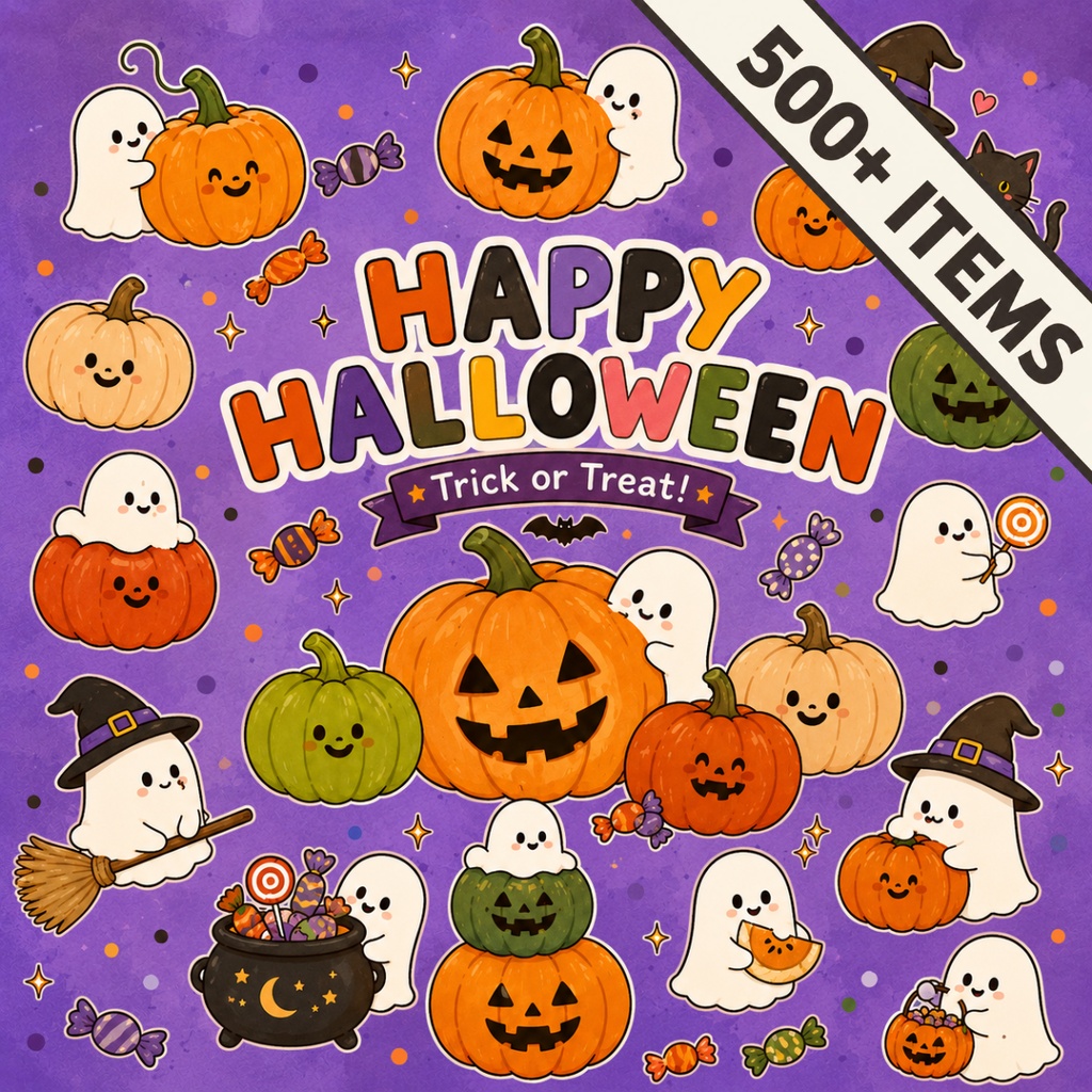 ハロウィン素材セット 500点以上│おばけ・黒猫・お菓子・背景・あしらい