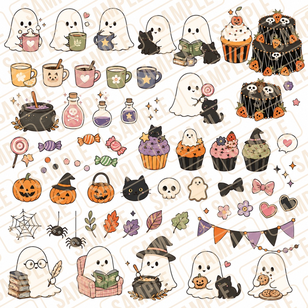 ハロウィン素材セット 500点以上│おばけ・黒猫・お菓子・背景・あしらい