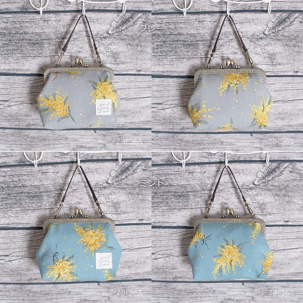 《送料無料》手提げがま口ポーチ*ミモザブーケ