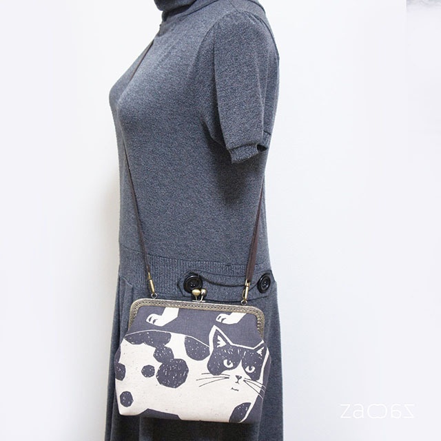 《送料無料》がま口ショルダーバッグ*CATS×チャコール