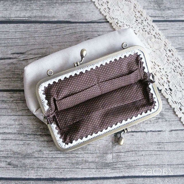 がま口マルチポーチ*インド刺繡リボン*ベージュ