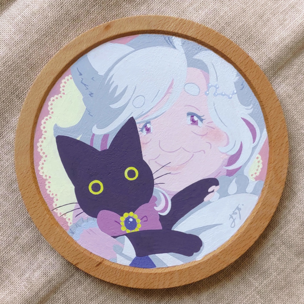 アクリル原画 木製トレー丸『七星とノワール』