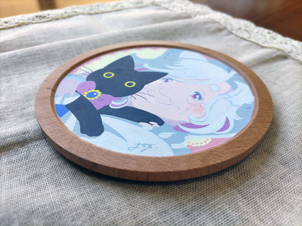 アクリル原画 木製トレー丸『七星とノワール』