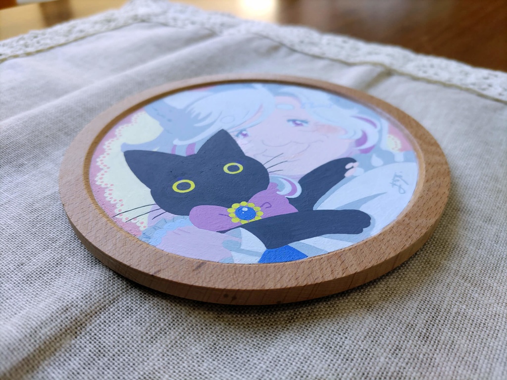 アクリル原画 木製トレー丸『七星とノワール』