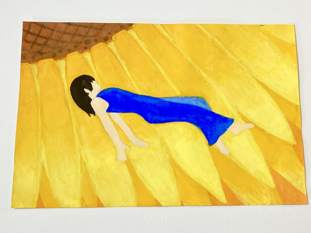 ひまわりと青い服の女性　イラスト　ポストカード