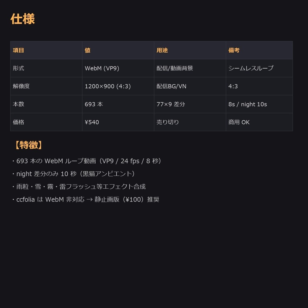 【配信用 】動く背景sozai77シーン9差分(朝/昼/夜/雨/雪/霧/雷/...)693本【OBS/VN/AI生成/商用OK/ループ】