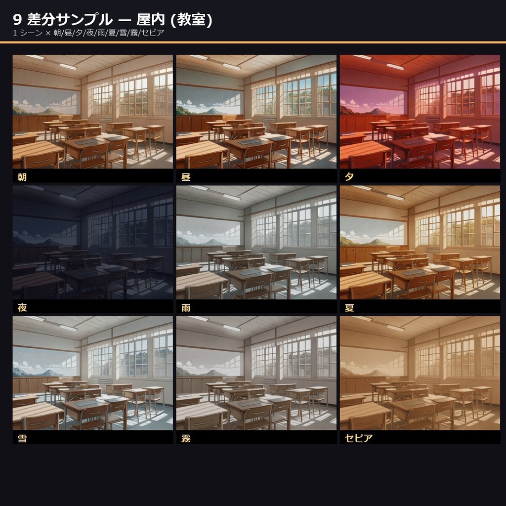 【学園恋愛用】TRPGアニメ背景素材sozai_gakuen77 79シーン×9差分=711枚【AI生成/ccfolia対応】