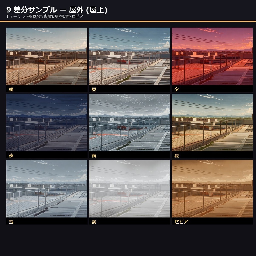 【学園恋愛用】TRPGアニメ背景素材sozai_gakuen77 79シーン×9差分=711枚【AI生成/ccfolia対応】