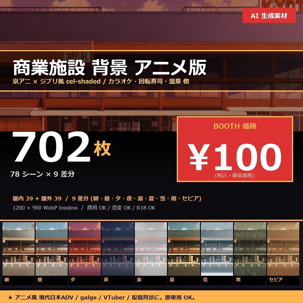【日本の商業施設】TRPG背景素材アニメ78シーン×9差分=702枚【AI生成/ccfolia対応】