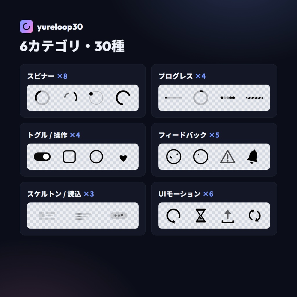 動く七色UIローダー アニメSVG 30種 yureloop30【スピナー/コピペで動く・currentColor/七色RGB・商用OK】