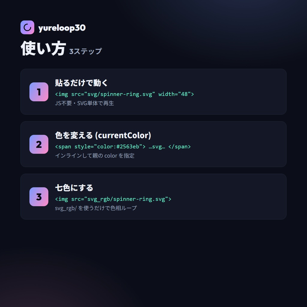 動く七色UIローダー アニメSVG 30種 yureloop30【スピナー/コピペで動く・currentColor/七色RGB・商用OK】