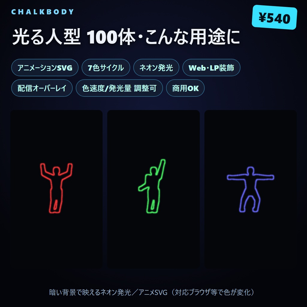 【100体】ネオンに光る 人型シルエット素材(7色サイクルSVG/Web・配信・装飾)
