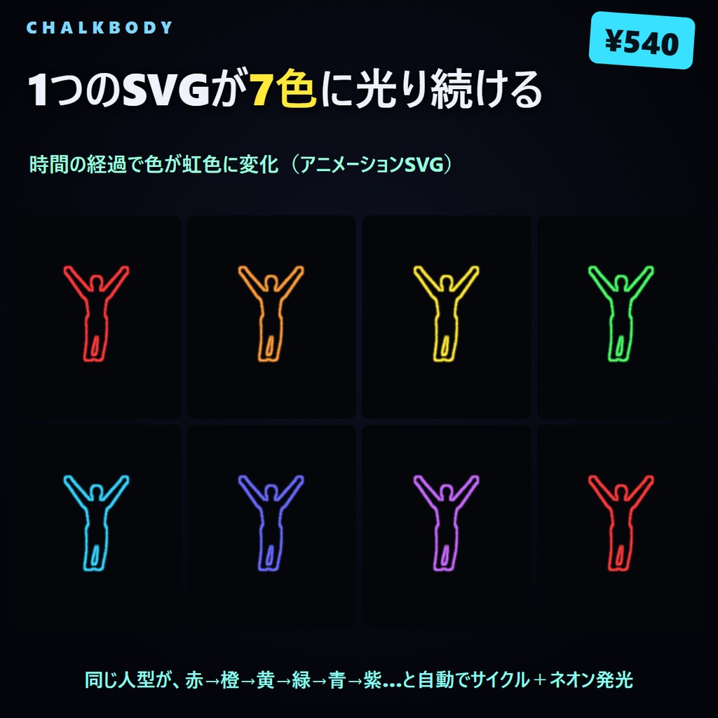 【100体】ネオンに光る 人型シルエット素材(7色サイクルSVG/Web・配信・装飾)