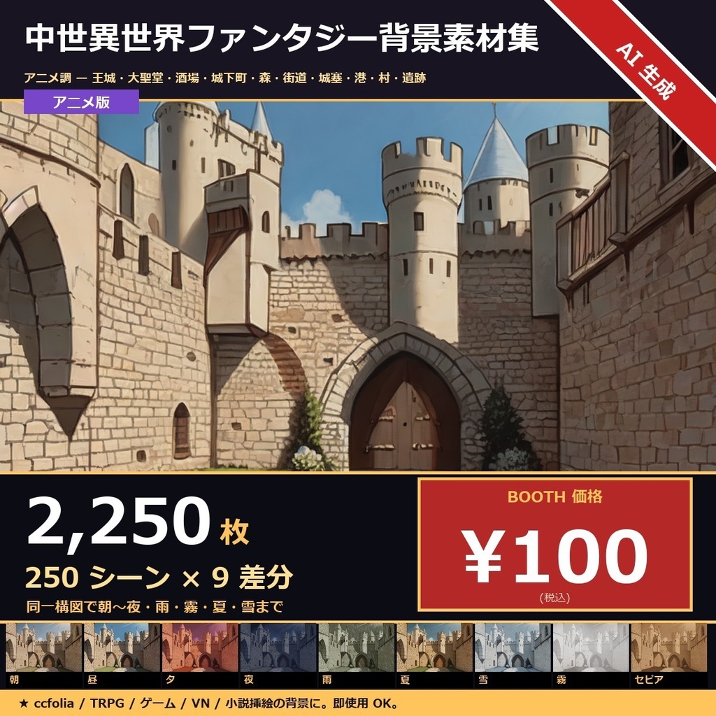 【中世異世界ファンタジー】TRPGアニメ背景 250シーン×9差分 2250枚【ccfolia/商用OK/Ai生成】