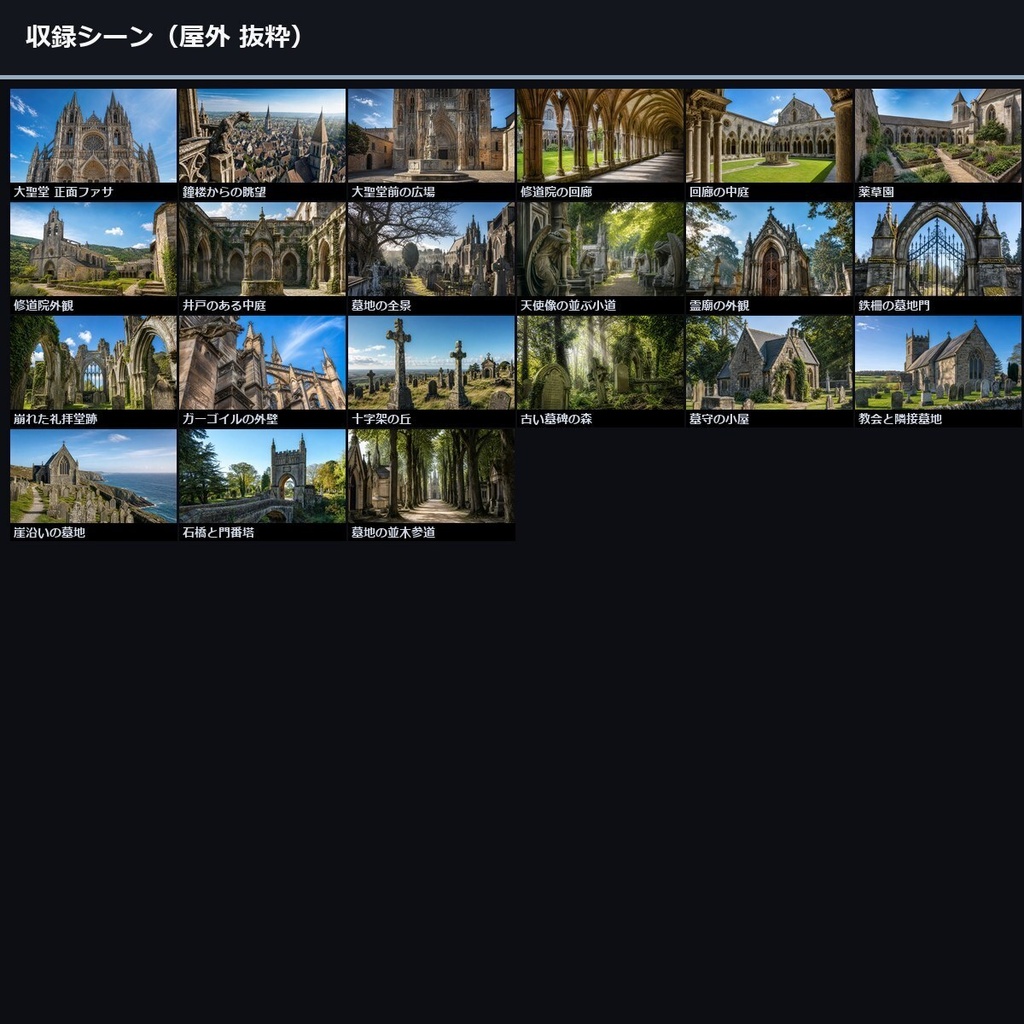【TRPG】ゴシック大聖堂・修道院・墓地 背景素材集 50シーン×9差分 450枚【商用化/ccfolia/AI生成/霧】
