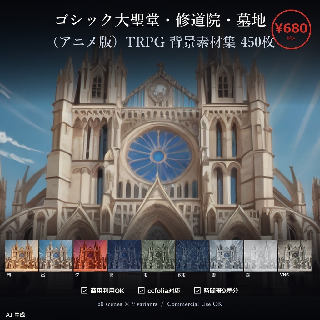 【TTRPG】ゴシック大聖堂 背景 アニメ版 50×9差分450枚【商用利用可・ccfolia・VNAI生成】